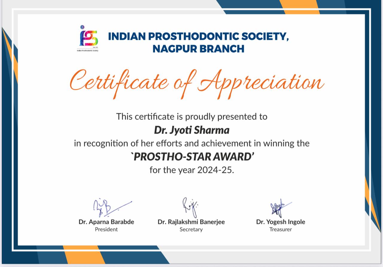 Jyoti-Prostho Star Award Certificate